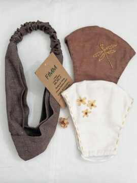 Combo 2 Khẩu Trang Linen Thêu Có Ngăn Chứa Lớp Kháng Khuẩn + Băng Đô Nâu