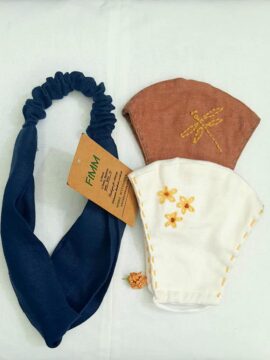 Combo 2 Khẩu Trang Linen Thêu Có Ngăn Chứa Lớp Kháng Khuẩn + Băng Đô Xanh Navy Đậm