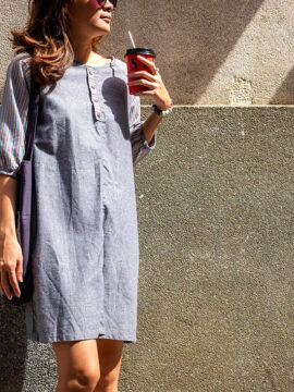 ĐẦM SUÔNG LINEN CÓ TAY SỌC CHỈ CẦU VÒNG TRẺ TRUNG *tạm hết*