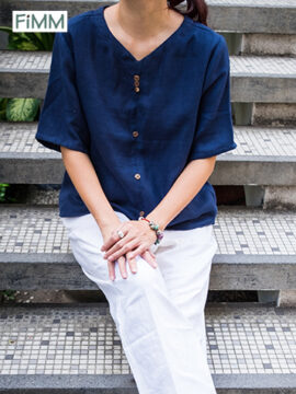 ÁO LINEN CÓ TAY XANH BIỂN ĐẬM CỔ TRÁI TIM