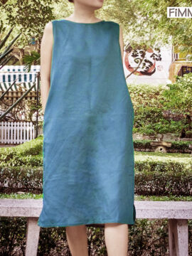 Đầm Linen sát nách màu xanh đá F-01