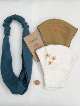 Combo 2 Khẩu Trang Linen Thêu Có Ngăn Chứa Lớp Kháng Khuẩn và Băng Đô Xanh