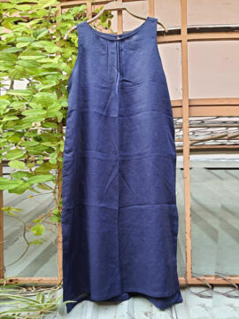 ĐẦM LINEN THIẾT KẾ CÓ TAY XANH NAVY CÔT TRÒN FIMM