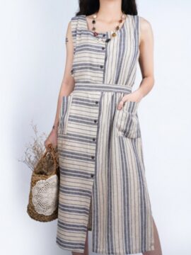 Đầm Cổ Vuông Linen Sọc
