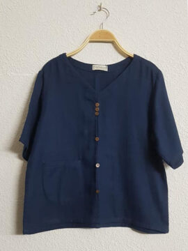 ÁO LINEN CÓ TAY XANH BIỂN ĐẬM CỔ TRÁI TIM