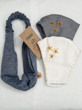 COMBO 2 KHẨU TRANG LINEN THÊU CÓ NGĂN CHỨA LỚP KHÁNG KHUẨN + BĂNG ĐÔ XANH XÁM.