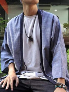 BiTa Kimono Nhật No .04 - Áo Khoác Linen Xanh Phối Viền Thiết Kế Unisex