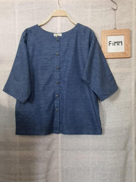 Áo Rita N0.1 Thiết Kế Cổ Tròn Linen Xanh Gân Xám Có Tay Liền