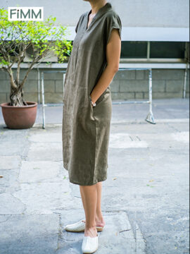 ĐẦM SUÔNG LINEN CỔ V RÊU TRƠN