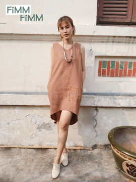 ĐẦM SUÔNG LINEN CỔ TIM CAM ĐẤT THÊU HOA *tạm hết*