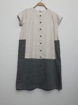 ĐẦM LINEN THIẾT KẾ GHÉP VẢI THÊU HOA CÚC 2 TÚI - CÓ TAY  FIMM