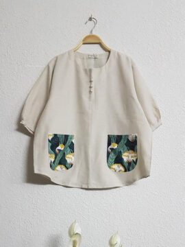 ÁO LINEN KEM CÓ TAY FORM RỘNG HAI TÚI HOA 